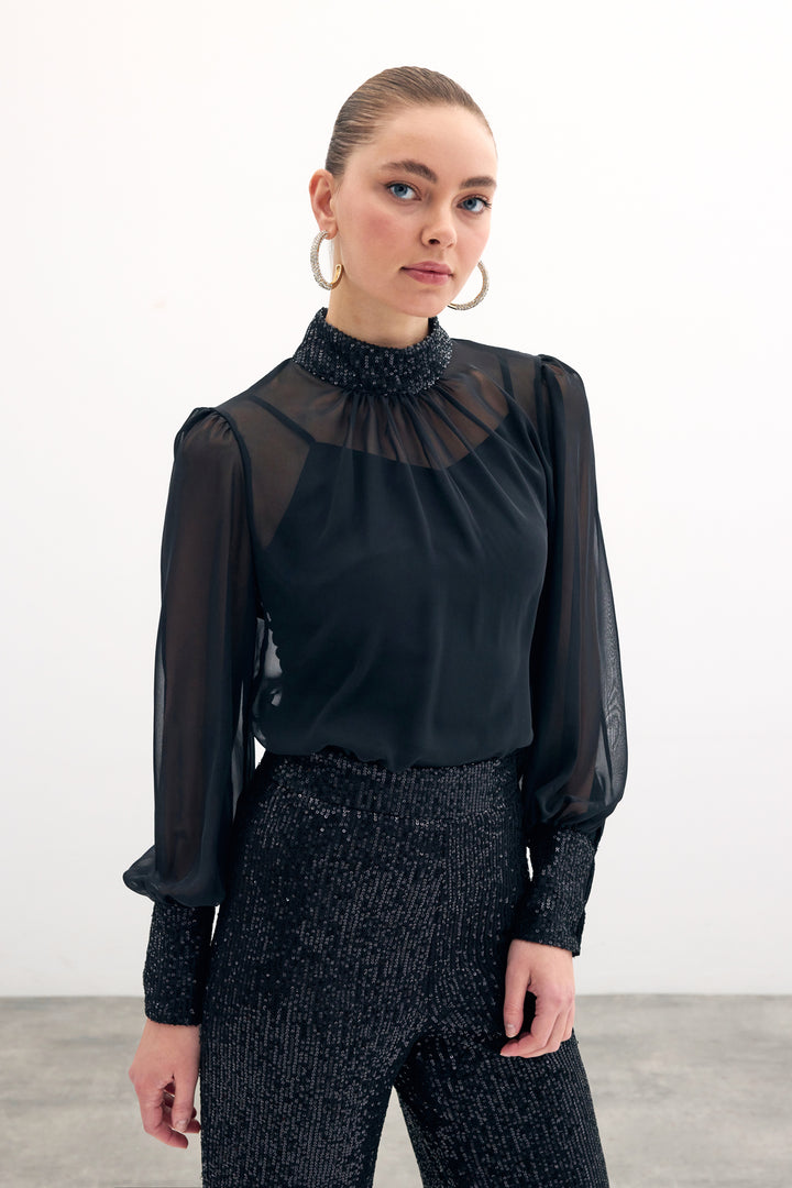 Sateen Blouse avec détails pailletés - Noir