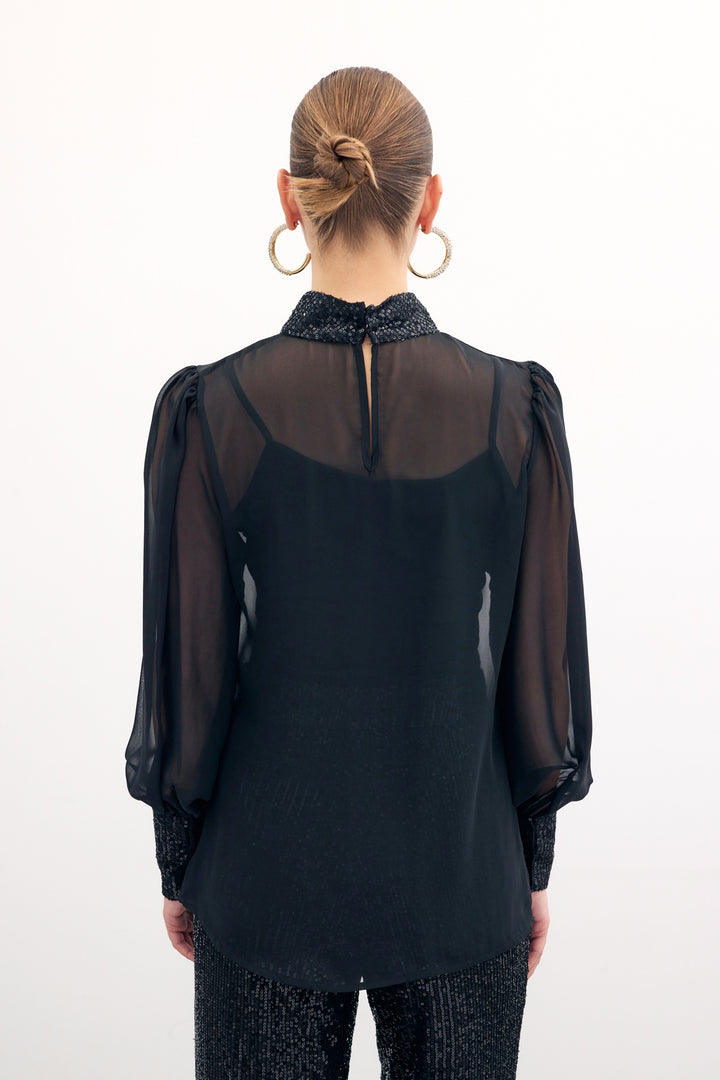 Sateen Blouse avec détails pailletés - Noir