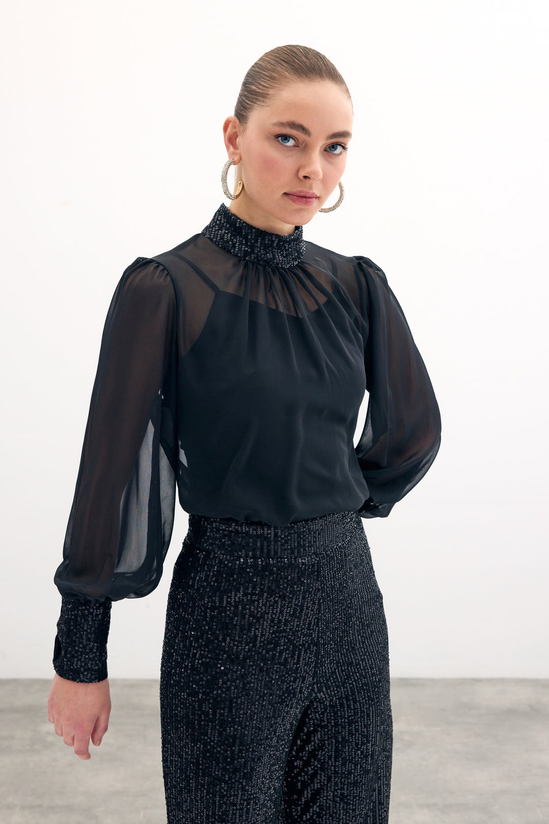 Sateen Blouse avec détails pailletés - Noir