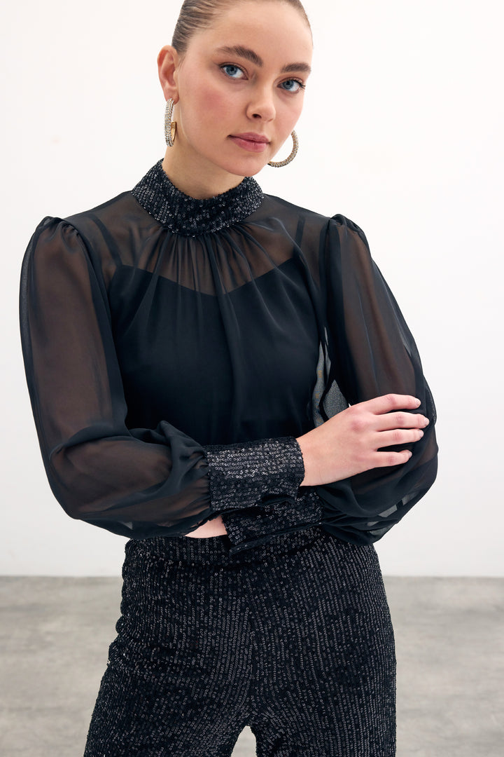 Sateen Blouse avec détails pailletés - Noir