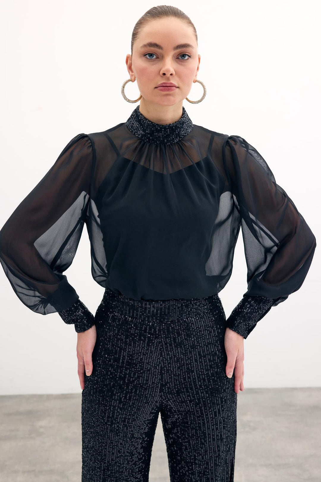 Sateen Blouse avec détails pailletés - Noir