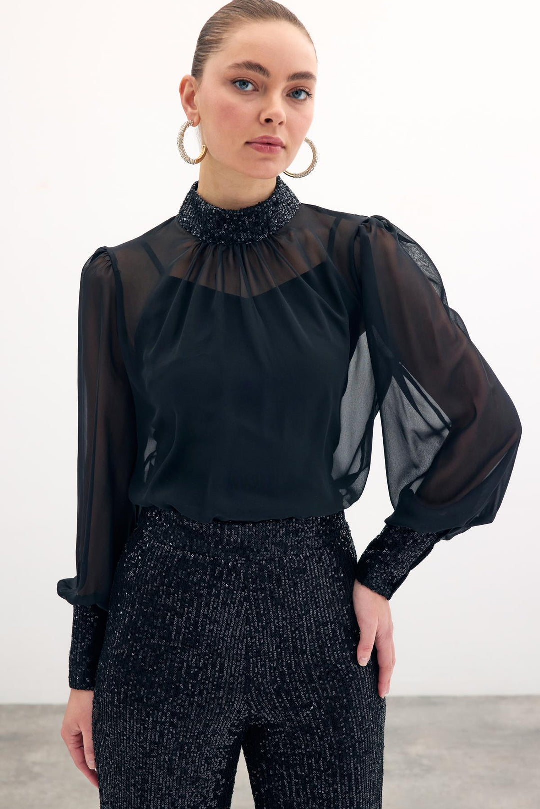 Sateen Blouse avec détails pailletés - Noir