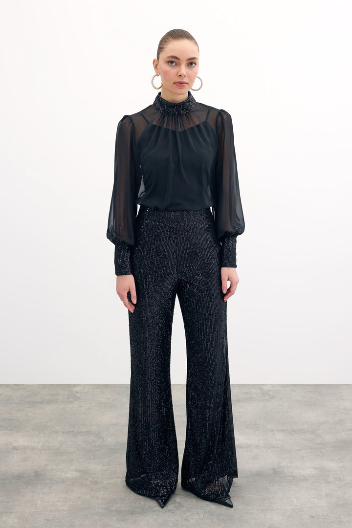 Sateen Blouse avec détails pailletés - Noir