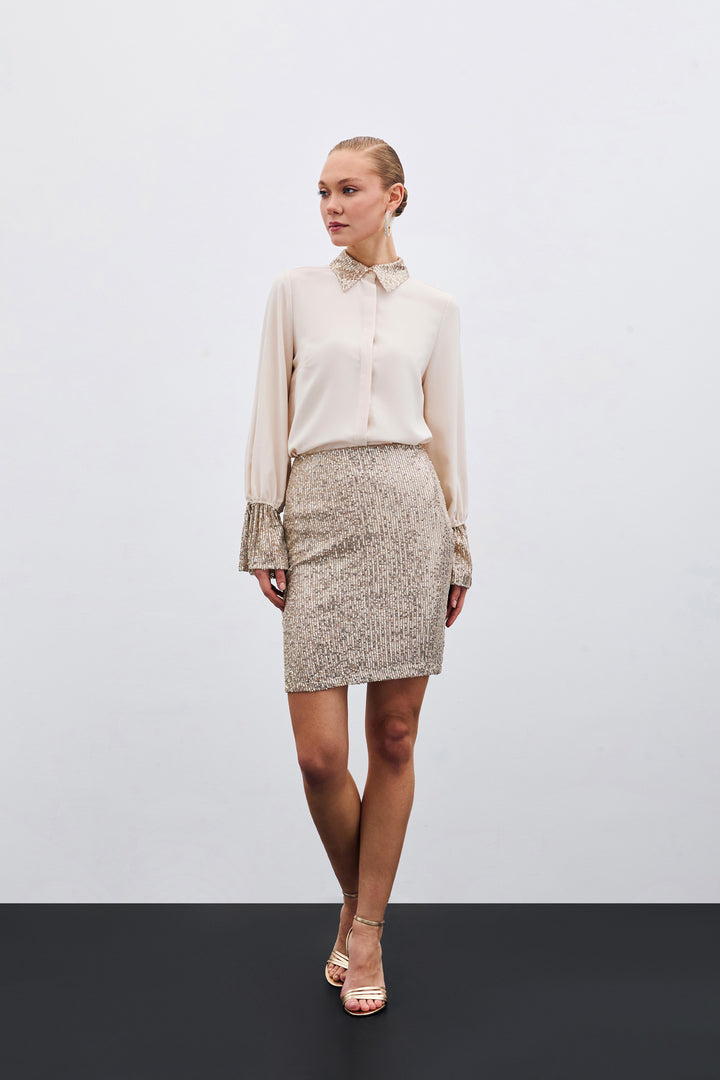 Sateen Chemisier avec Détails Paillettes - Beige
