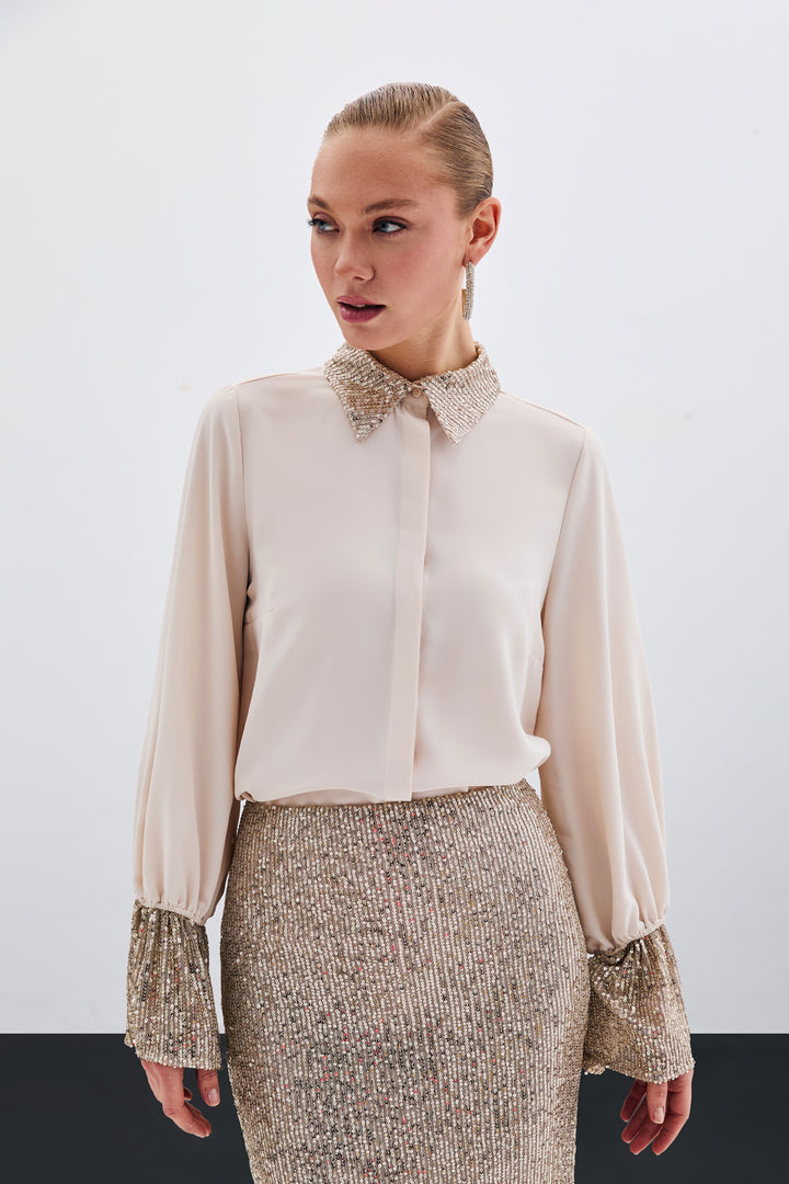 Sateen Chemisier avec Détails Paillettes - Beige