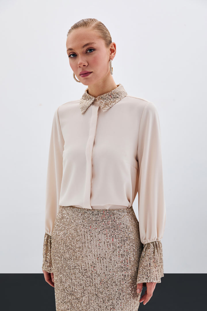 Sateen Chemisier avec Détails Paillettes - Beige