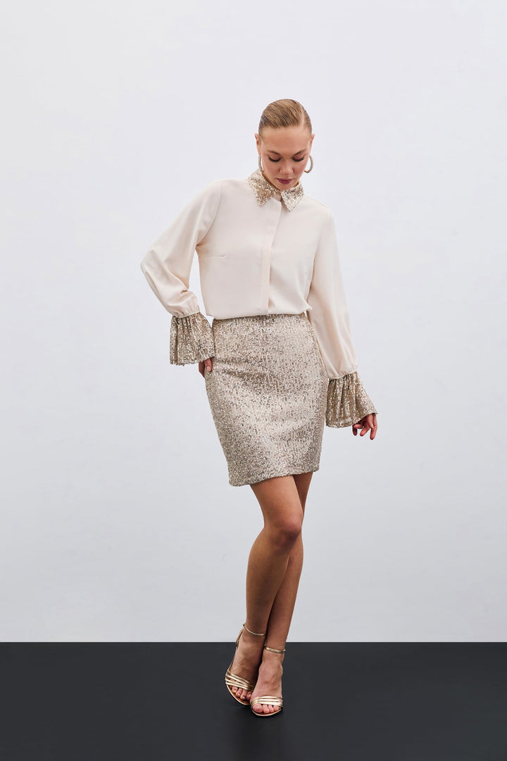 Sateen Chemisier avec Détails Paillettes - Beige