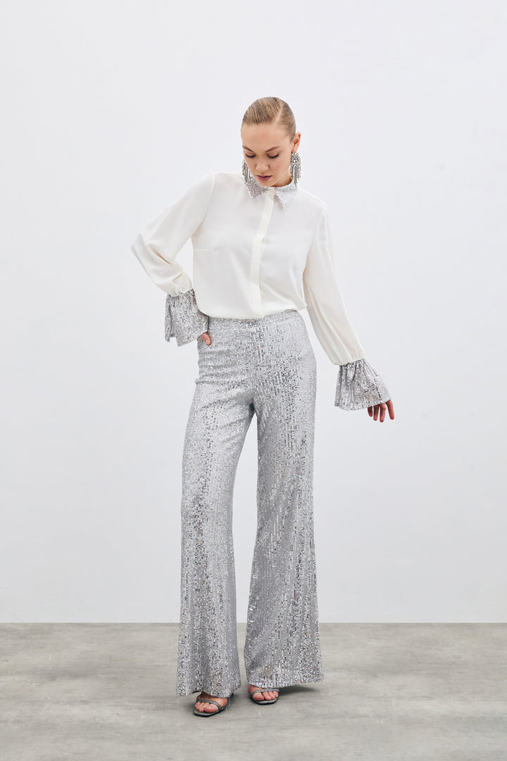 Sateen Chemisier avec détails pailletés - Écru
