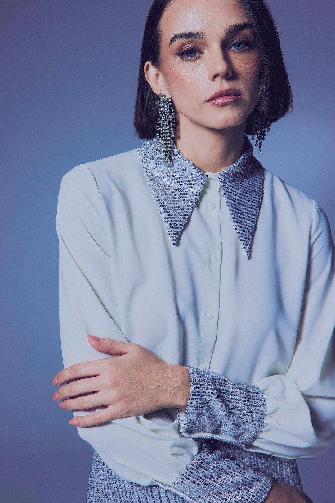 Sateen Chemisier avec détails en paillettes - Écru-Argent