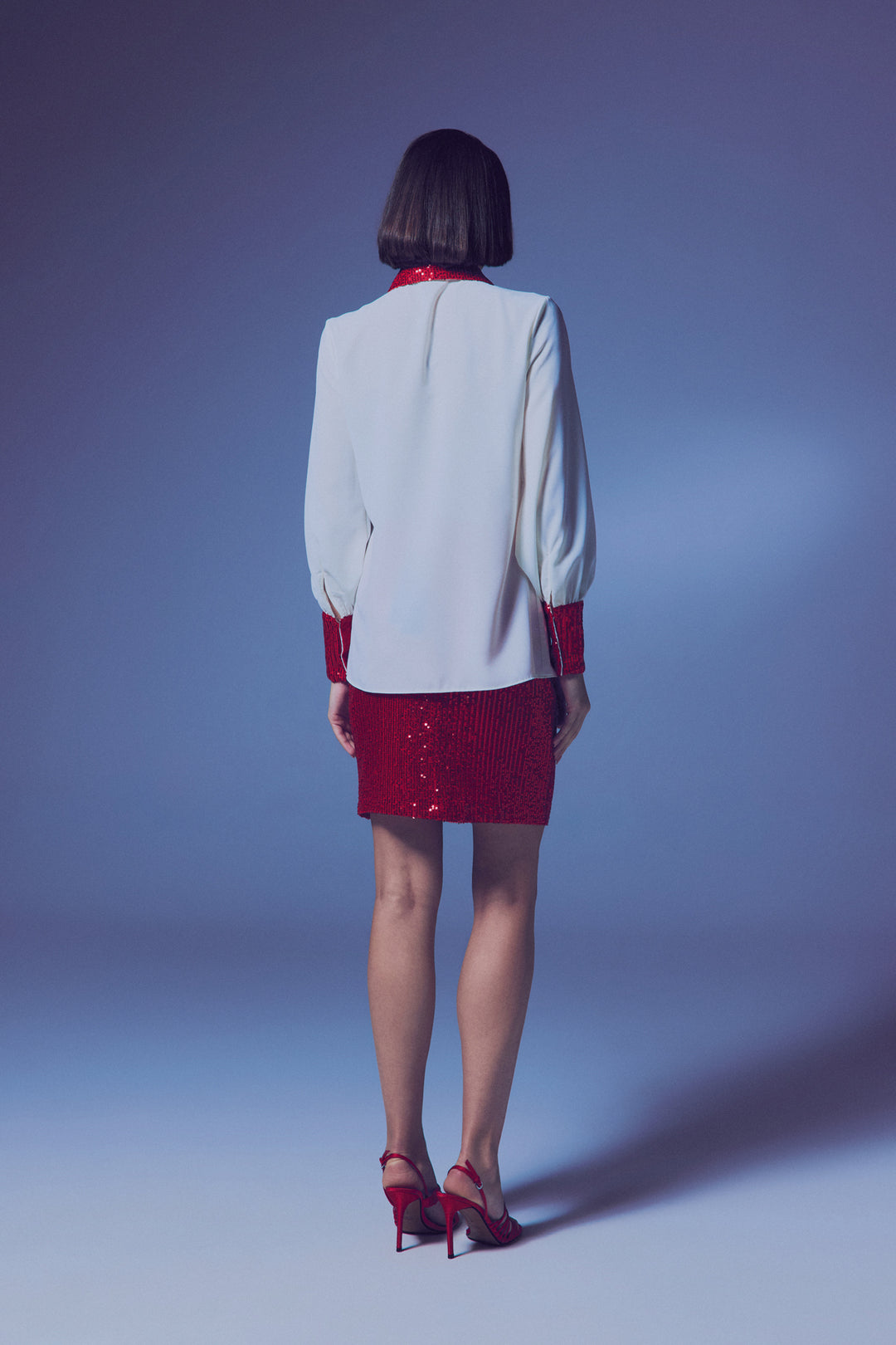 Sateen Chemisier avec détails en paillettes - Écru-Rouge