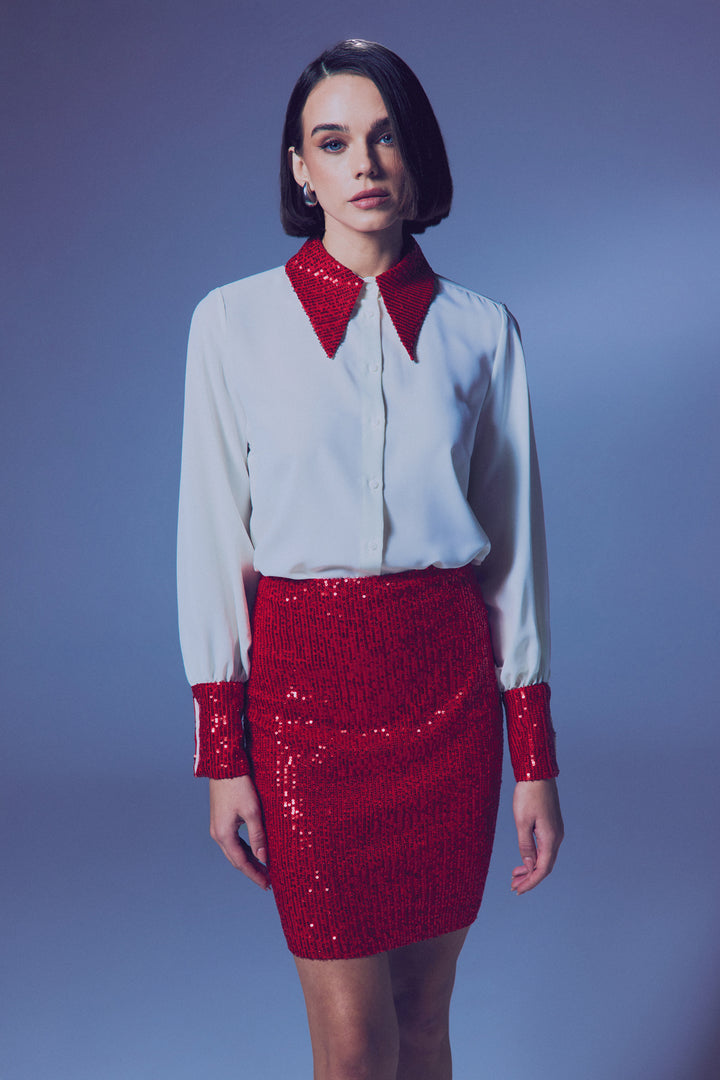 Sateen Chemisier avec détails en paillettes - Écru-Rouge