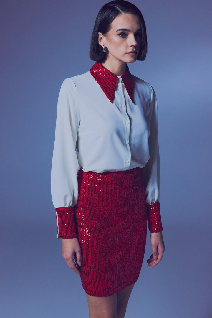 Sateen Chemisier avec détails en paillettes - Écru-Rouge