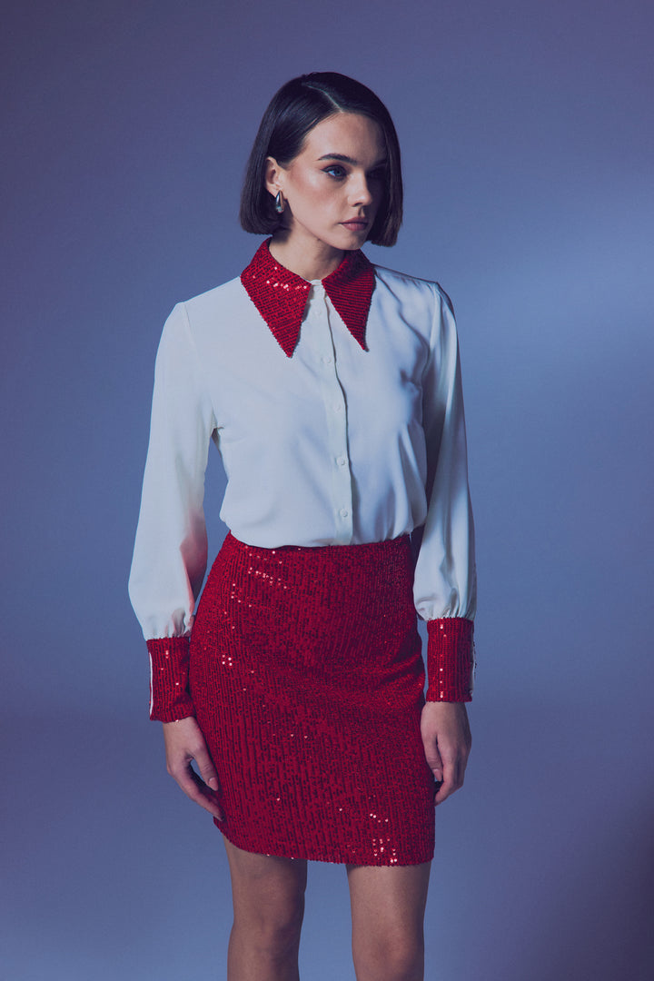 Sateen Chemisier avec détails en paillettes - Écru-Rouge