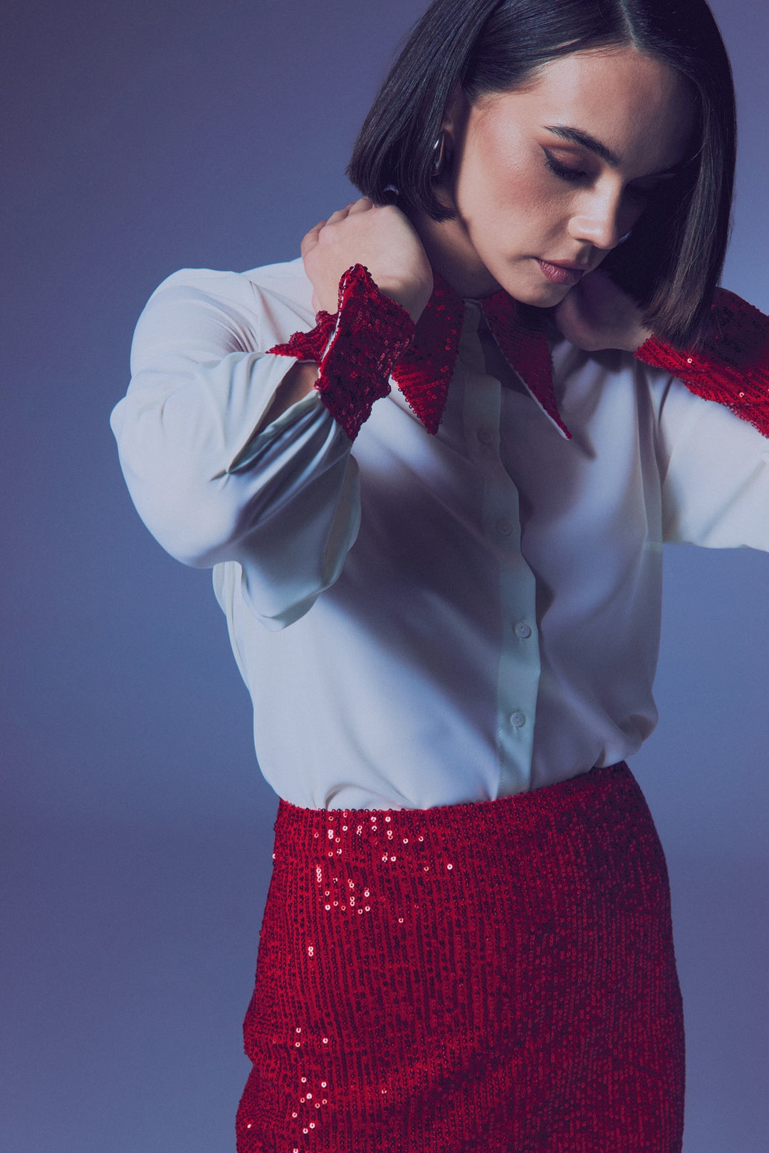 Sateen Chemisier avec détails en paillettes - Écru-Rouge