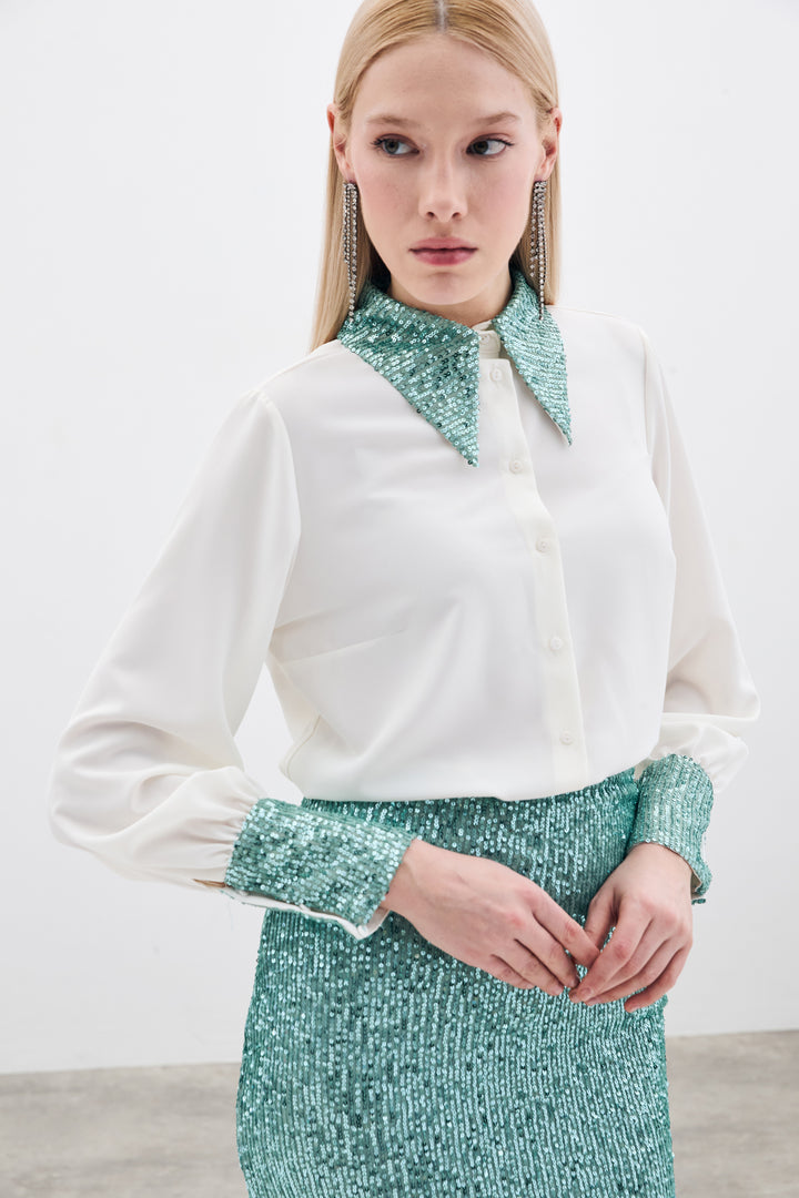 Sateen Chemisier avec détails en paillettes - Écru-Menthe