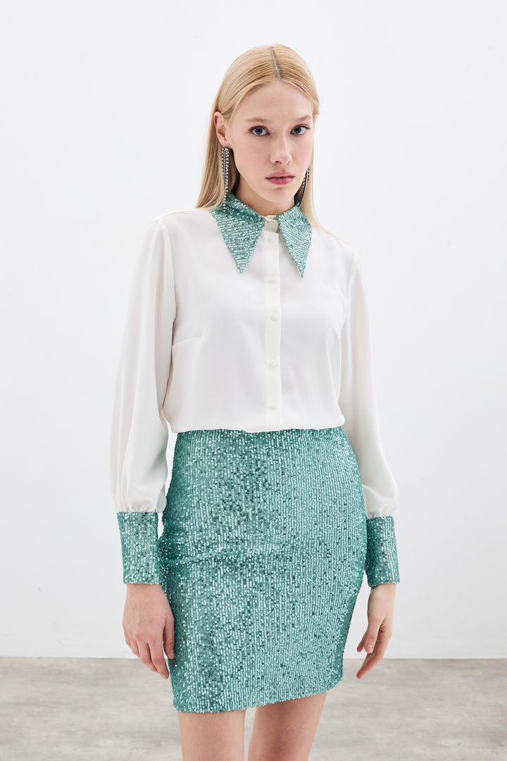Sateen Chemisier avec détails en paillettes - Écru-Menthe