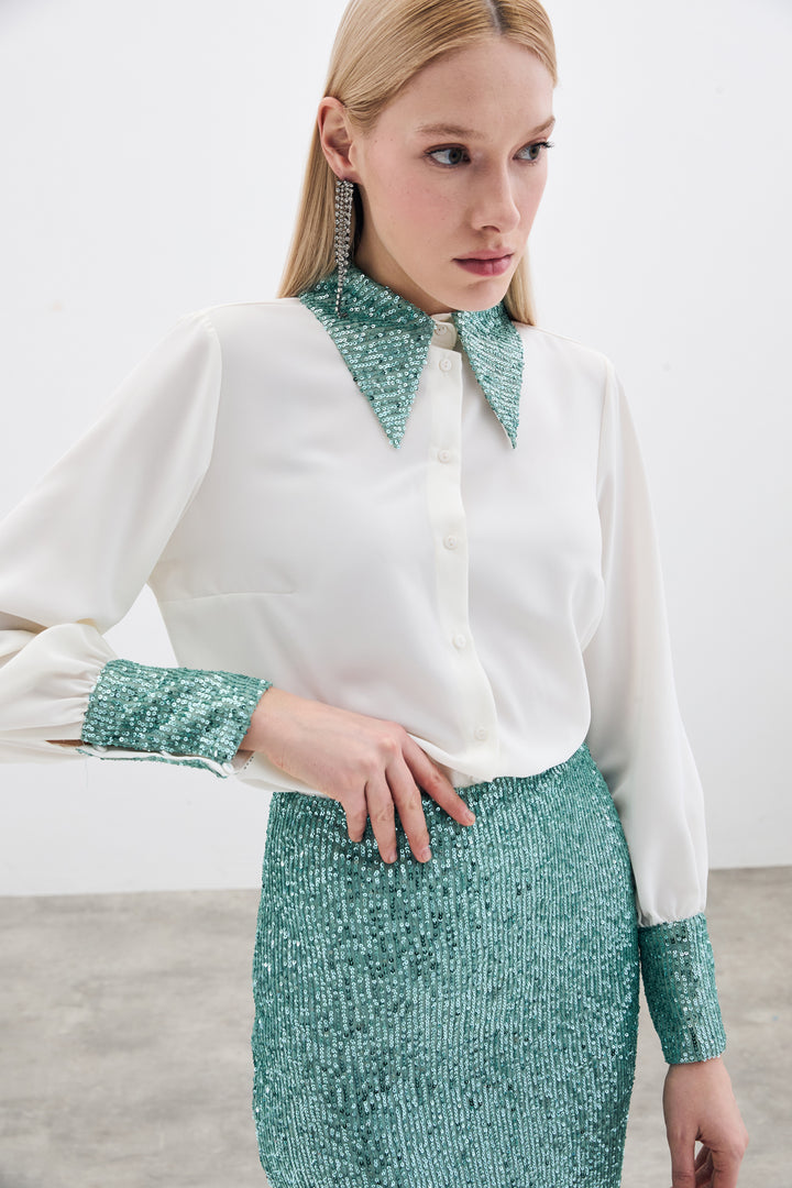 Sateen Chemisier avec détails en paillettes - Écru-Menthe