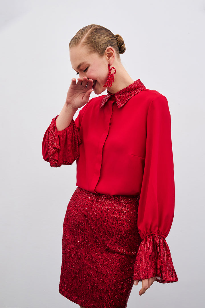 Sateen Chemisier avec Détails Paillettes - Rouge