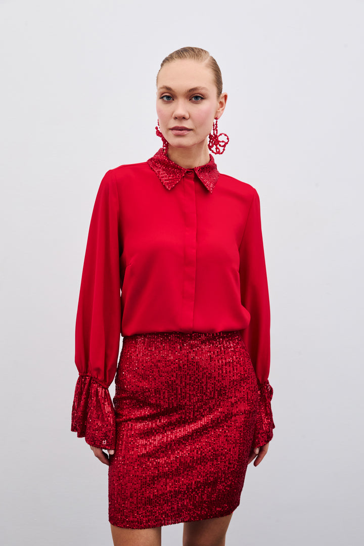 Sateen Chemisier avec Détails Paillettes - Rouge