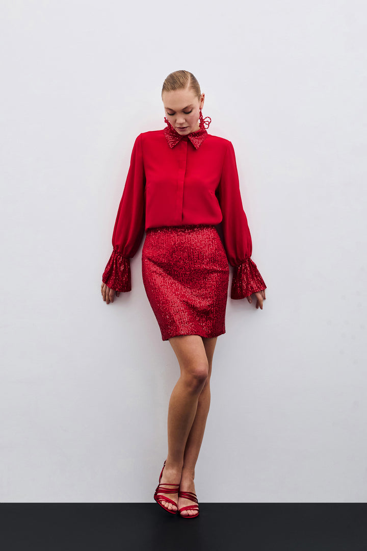 Sateen Chemisier avec Détails Paillettes - Rouge
