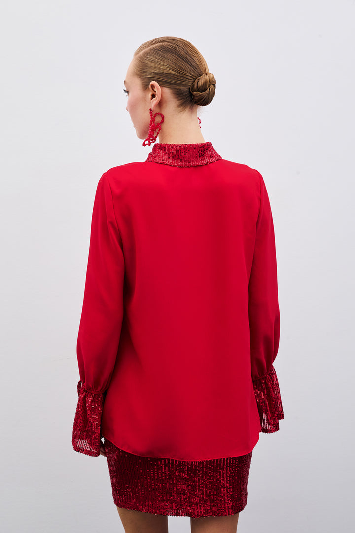 Sateen Chemisier avec Détails Paillettes - Rouge