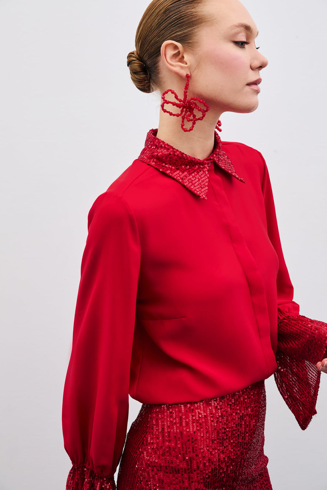 Sateen Chemisier avec Détails Paillettes - Rouge