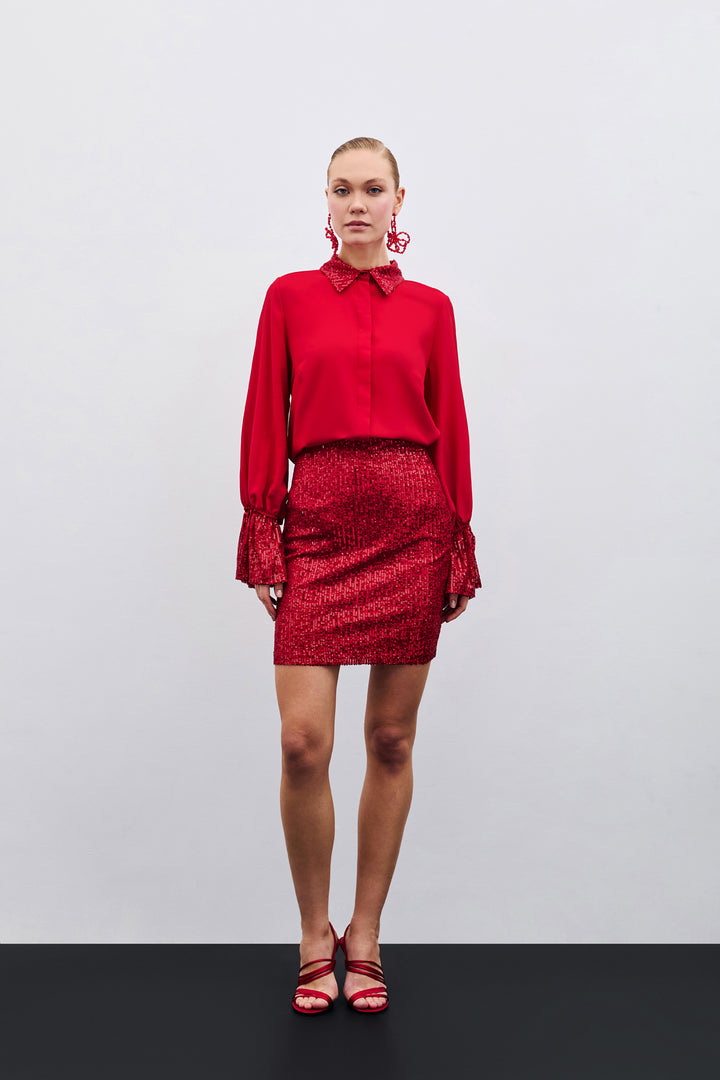 Sateen Chemisier avec Détails Paillettes - Rouge