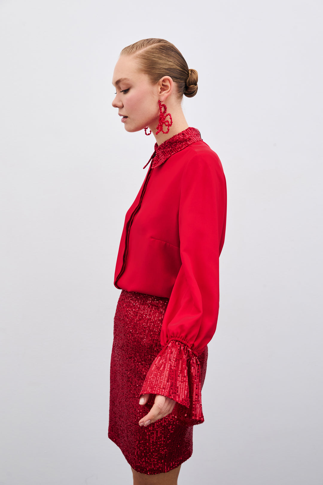 Sateen Chemisier avec Détails Paillettes - Rouge
