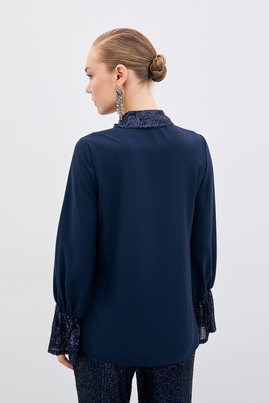Sateen Chemisier Détail Pailleté - Bleu marine