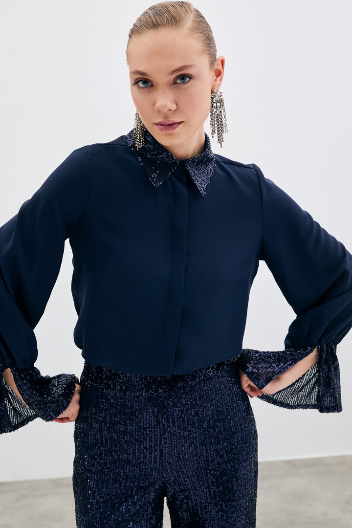 Sateen Chemisier Détail Pailleté - Bleu marine