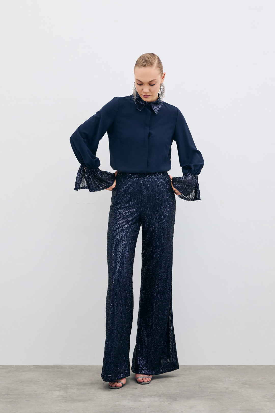 Sateen Chemisier Détail Pailleté - Bleu marine