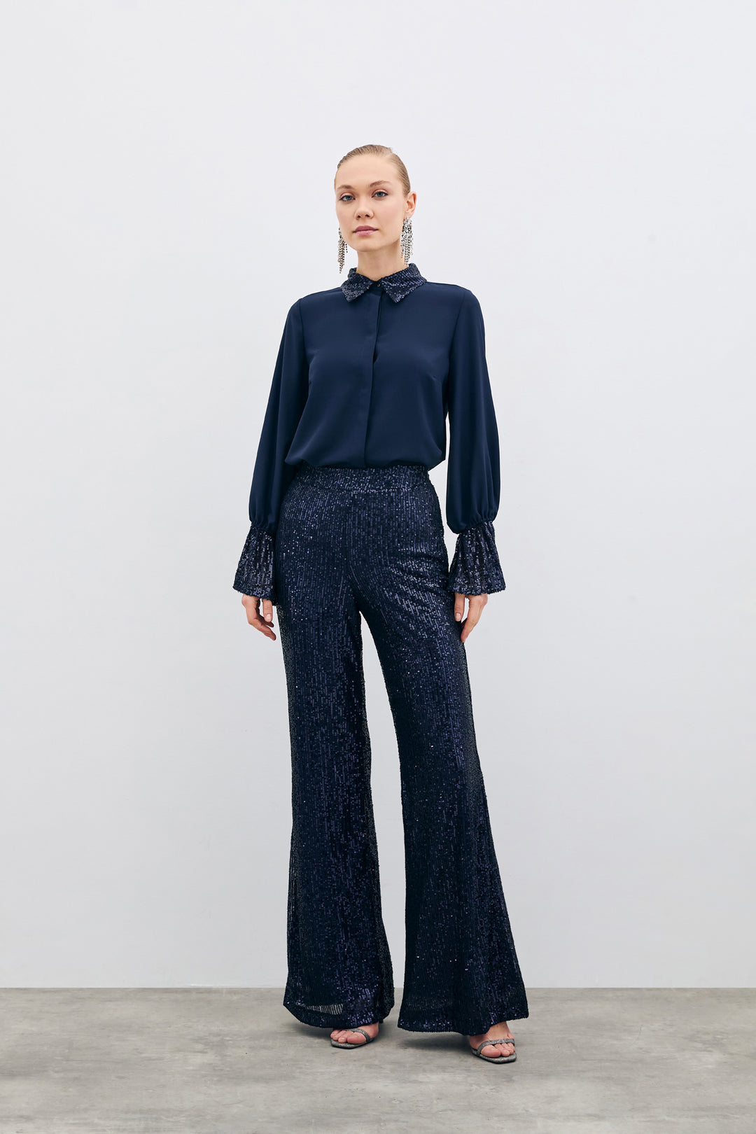 Sateen Chemisier Détail Pailleté - Bleu marine