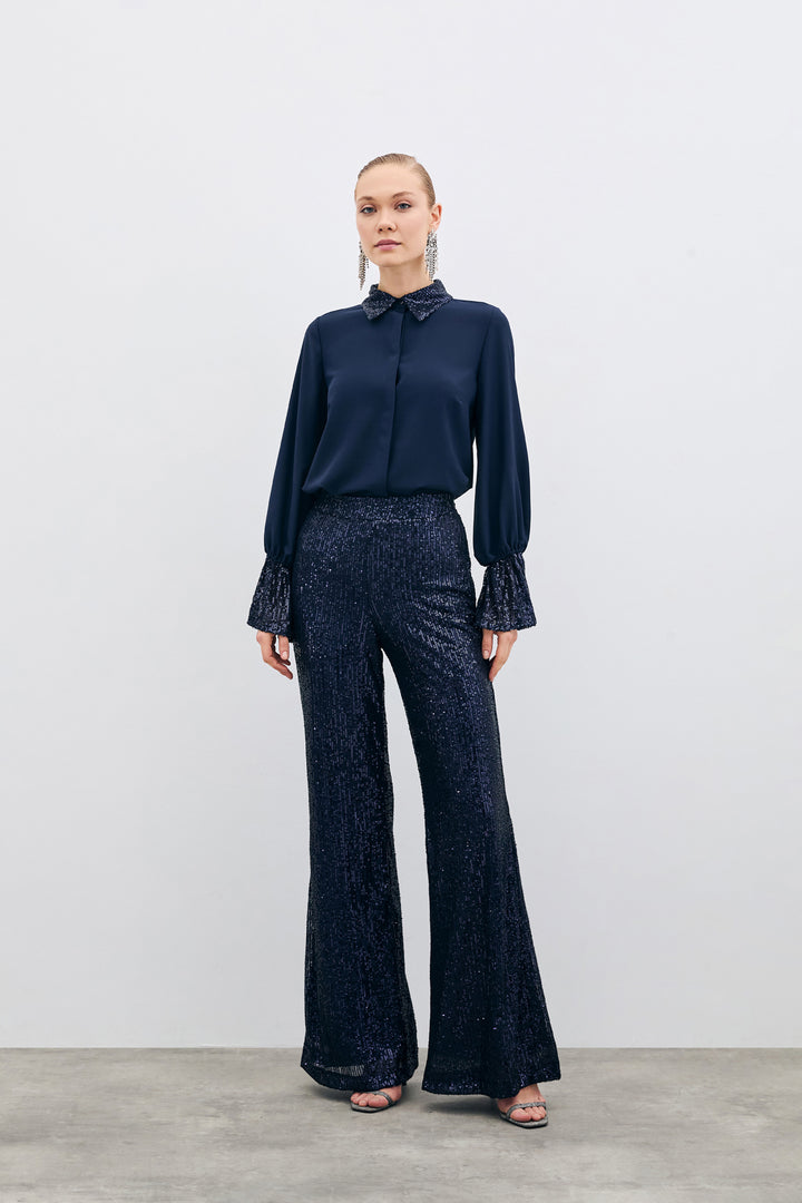 Sateen Chemisier Détail Pailleté - Bleu marine