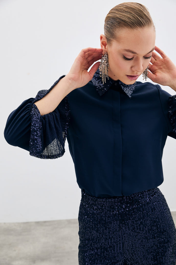 Sateen Chemisier Détail Pailleté - Bleu marine