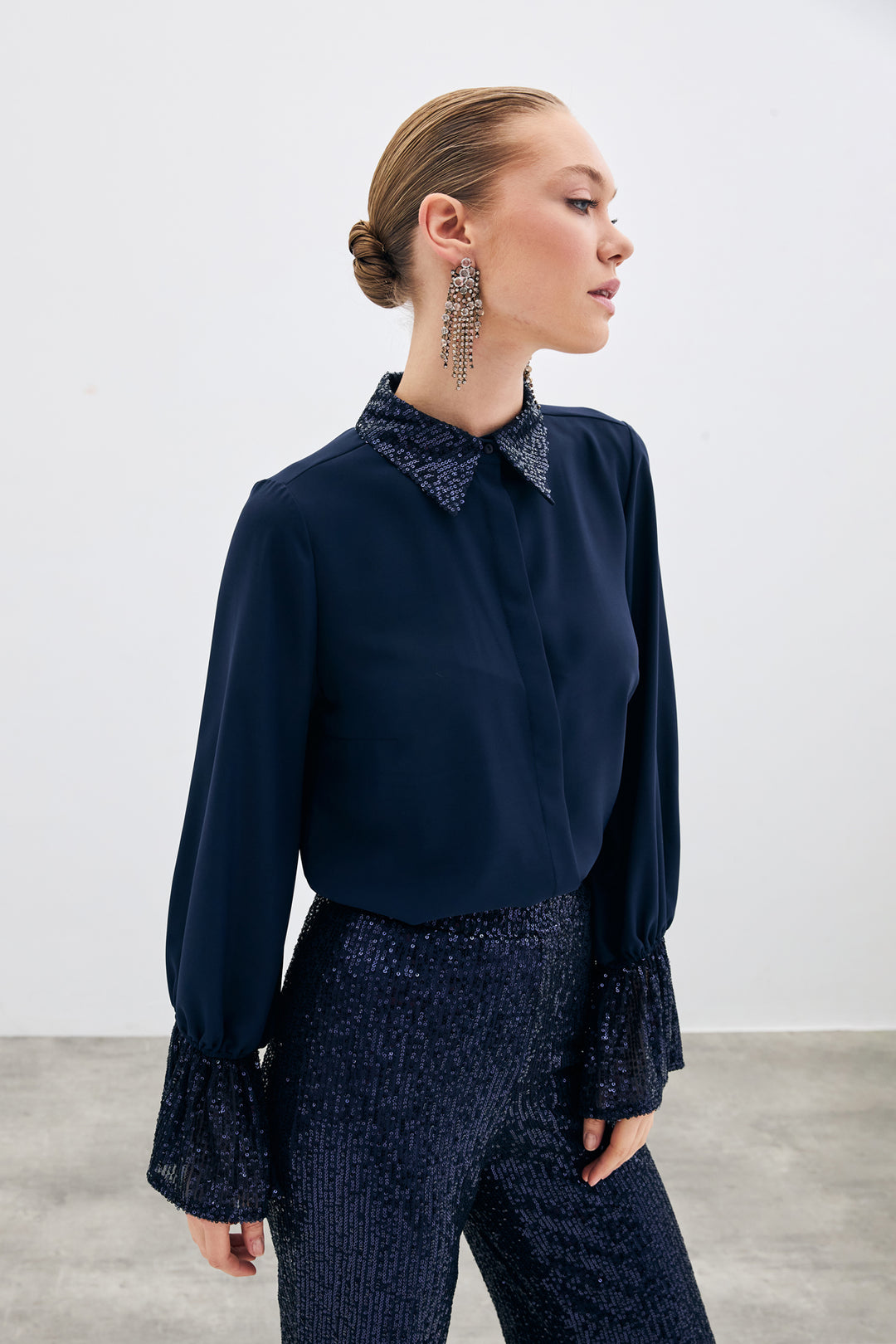 Sateen Chemisier Détail Pailleté - Bleu marine