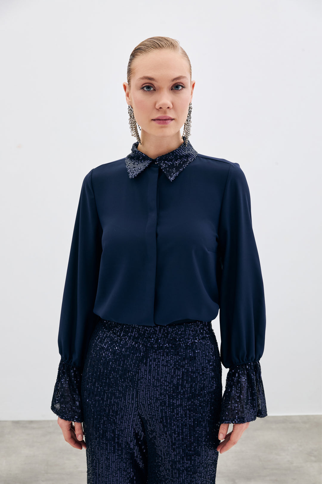 Sateen Chemisier Détail Pailleté - Bleu marine
