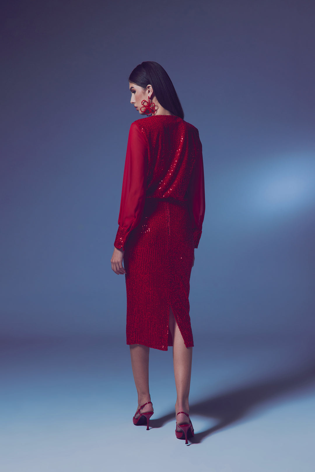 Sateen Jupe Crayon à Paillettes - Rouge
