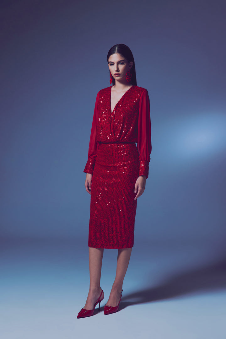 Sateen Jupe Crayon à Paillettes - Rouge