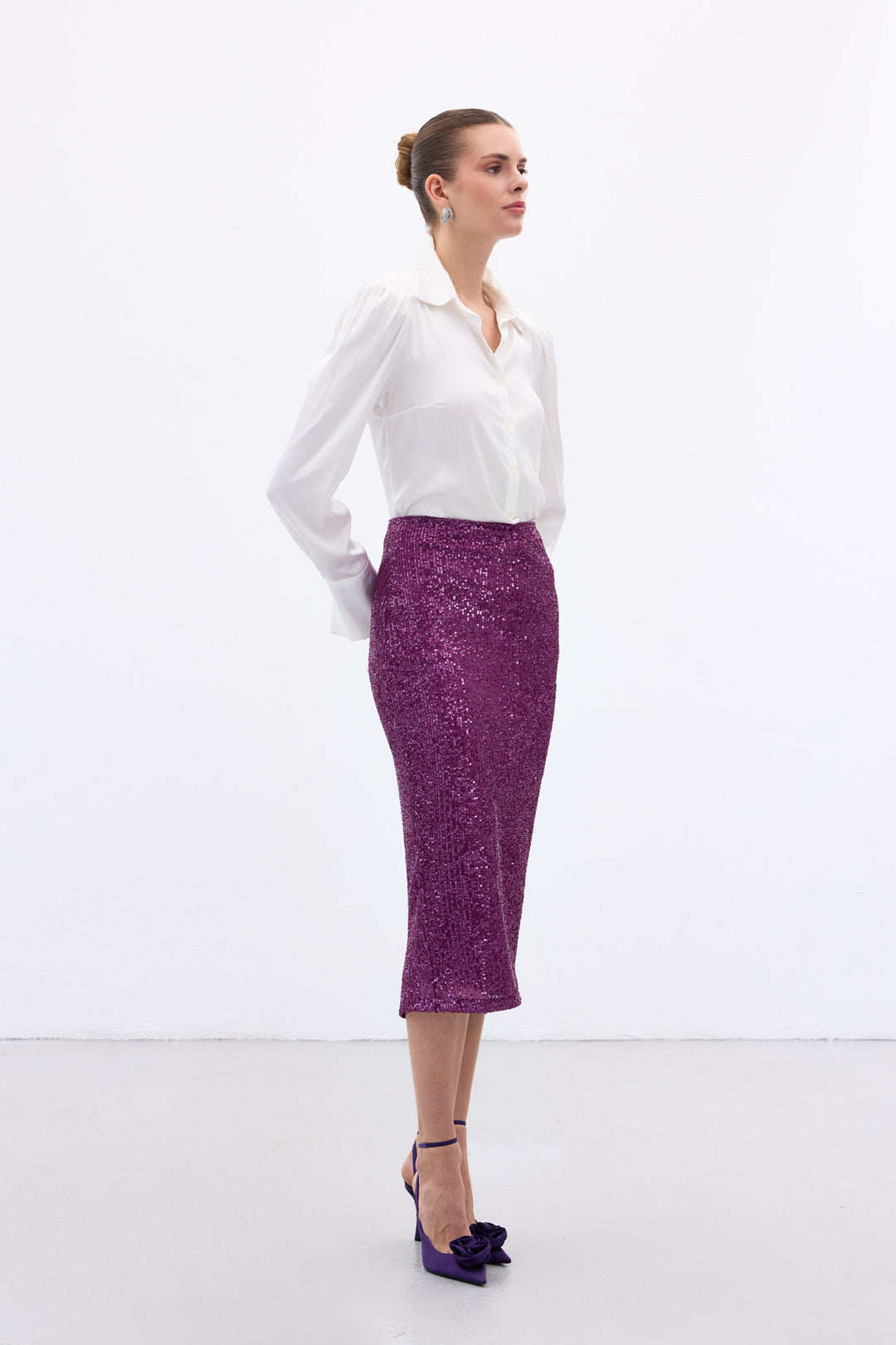 Sateen Jupe Crayon Détail Paillette - Prune