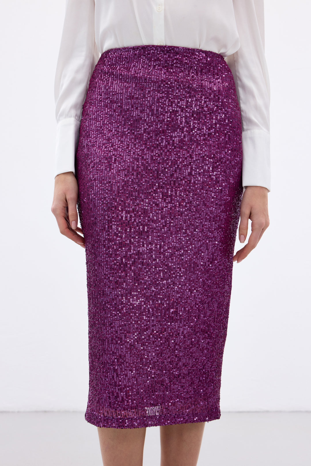 Sateen Jupe Crayon Détail Paillette - Prune