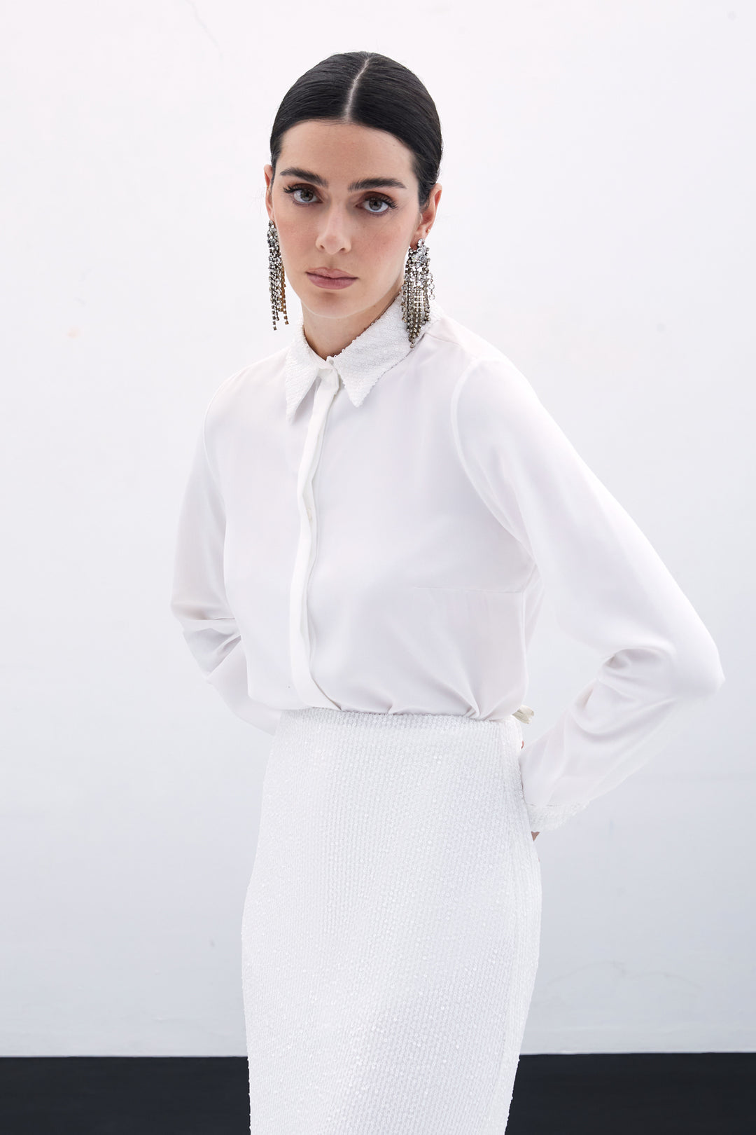 Sateen Chemise Classique à Paillettes - Écru