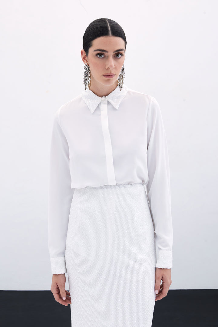 Sateen Chemise Classique à Paillettes - Écru