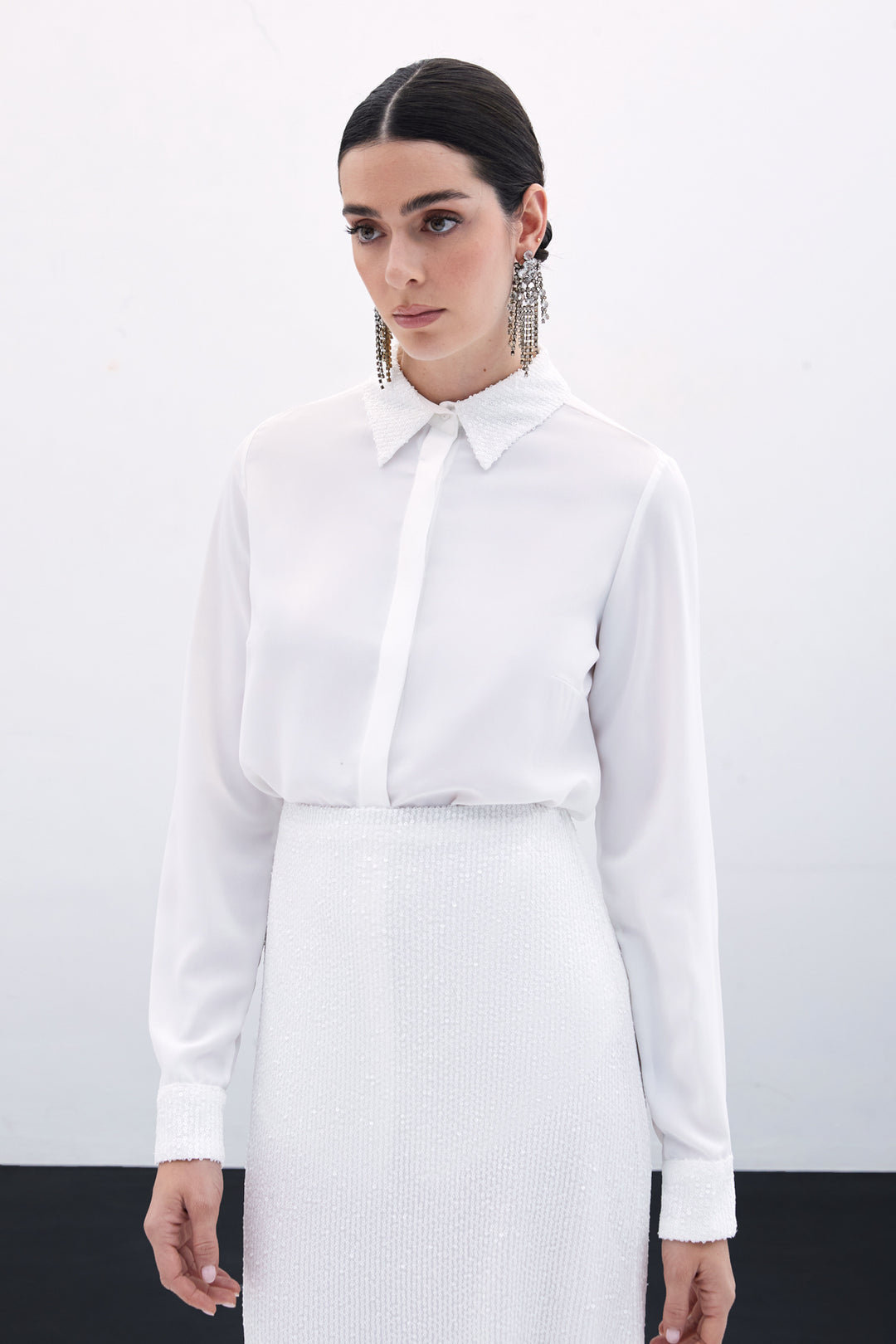 Sateen Chemise Classique à Paillettes - Écru
