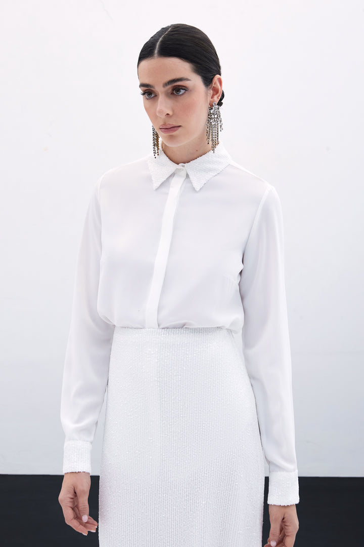 Sateen Chemise Classique à Paillettes - Écru