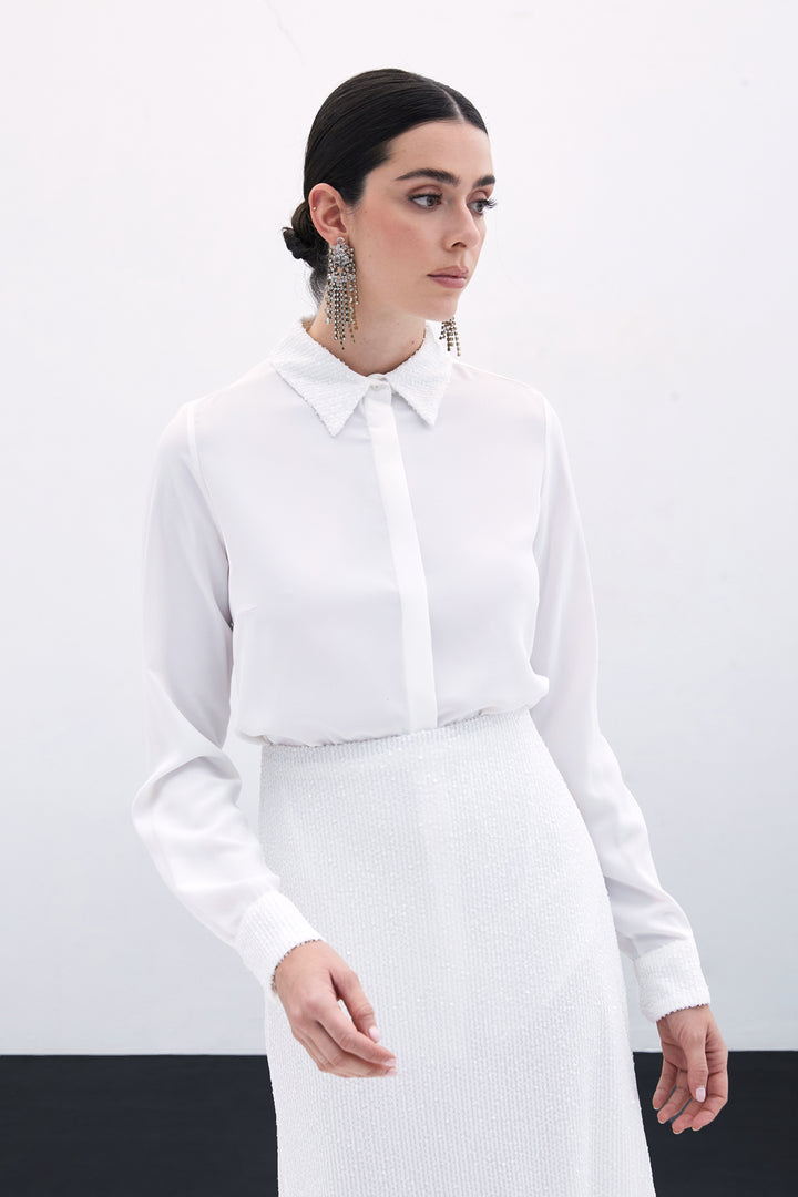 Sateen Chemise Classique à Paillettes - Écru