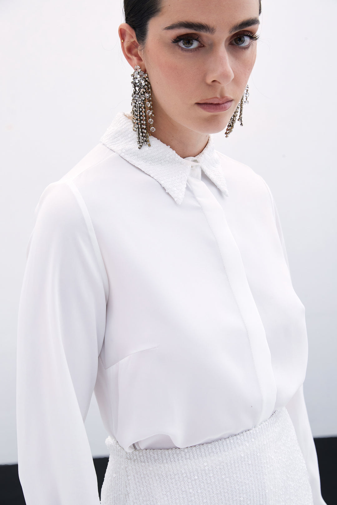 Sateen Chemise Classique à Paillettes - Écru