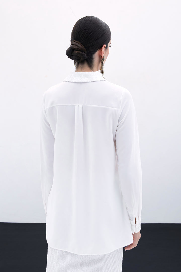 Sateen Chemise Classique à Paillettes - Écru