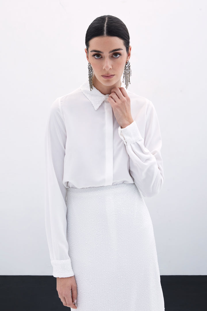 Sateen Chemise Classique à Paillettes - Écru