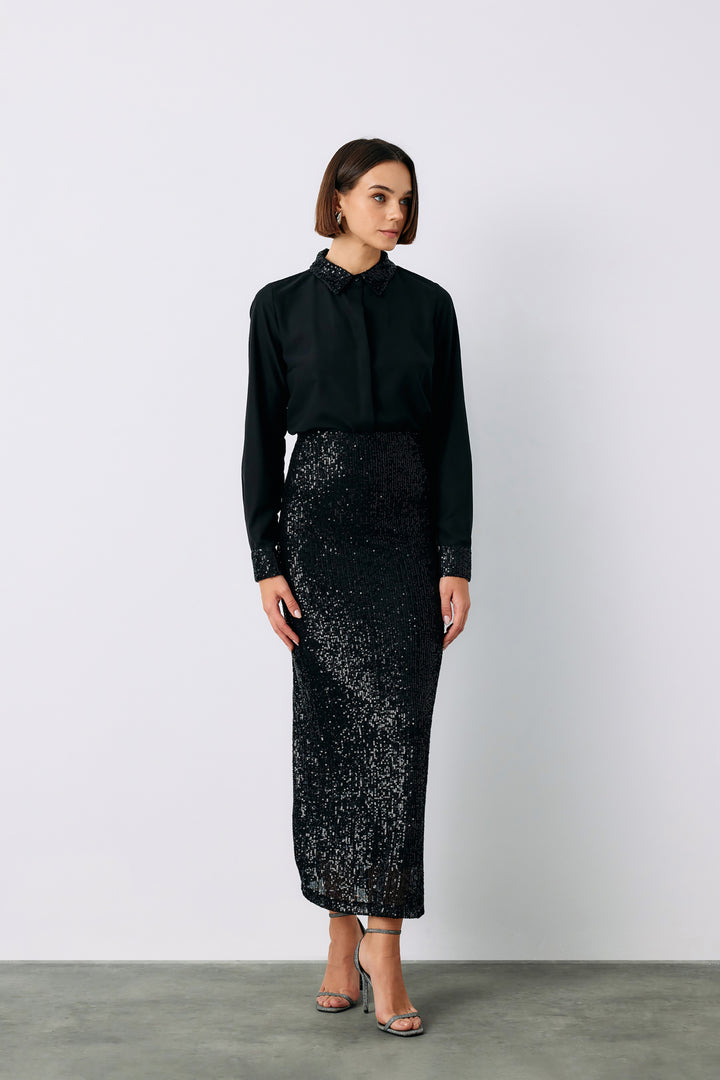 Sateen Chemise Classique à Paillettes - Noir