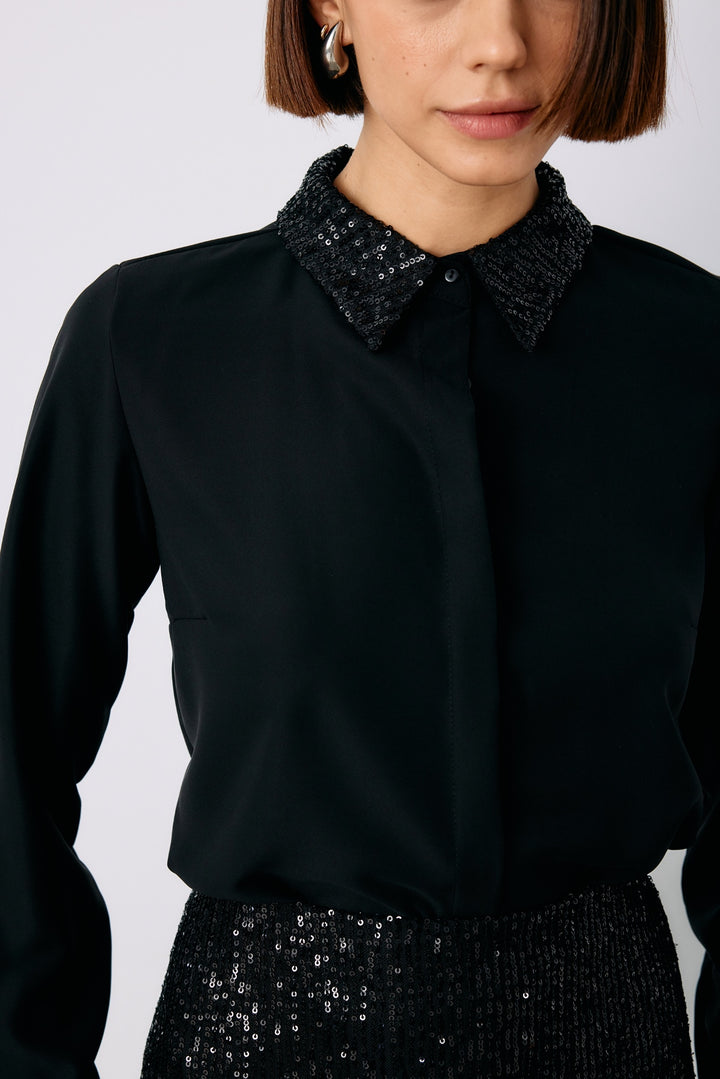 Sateen Chemise Classique à Paillettes - Noir